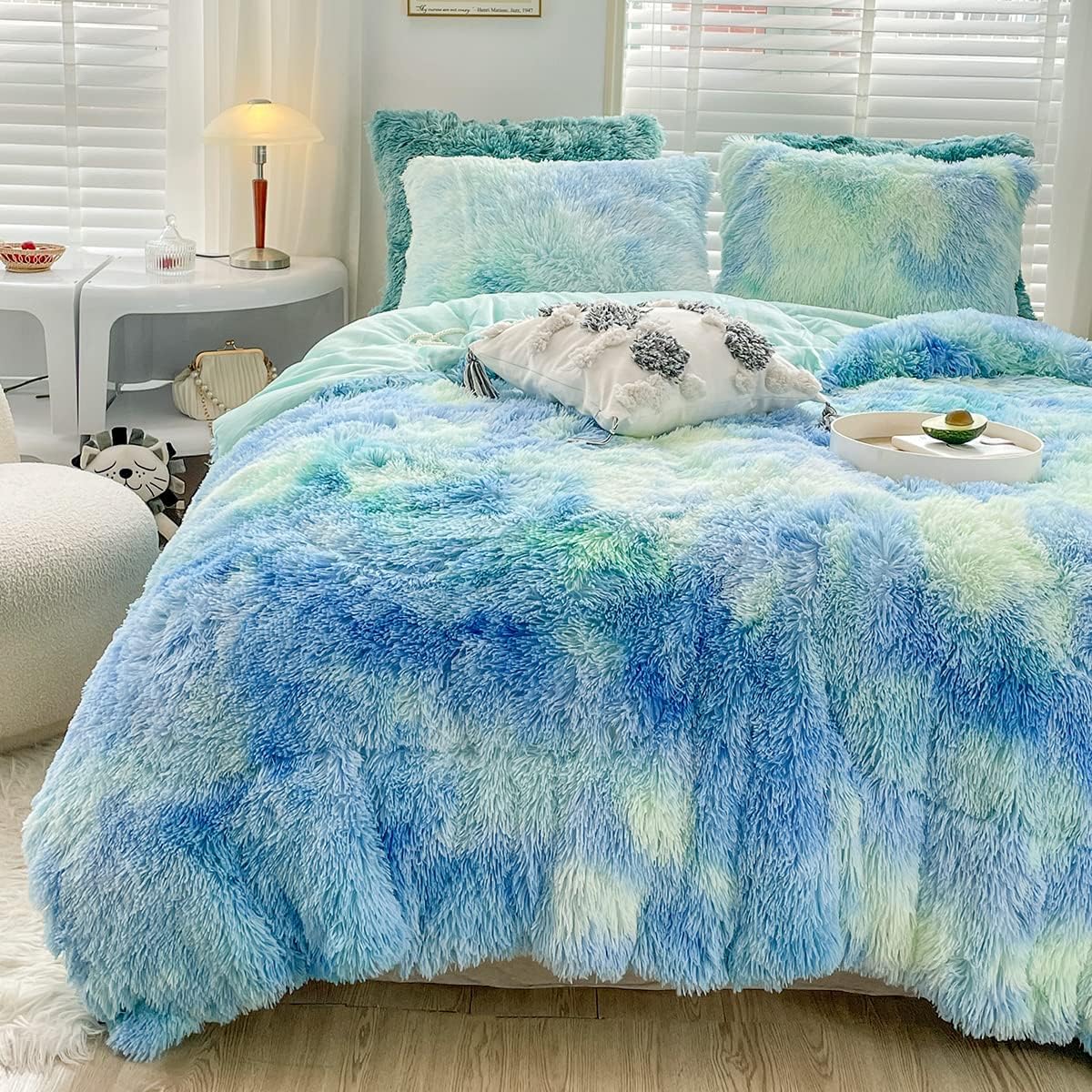 Wajade Faux Fur Plush Tie Dye Blue Green Comforter Set Review