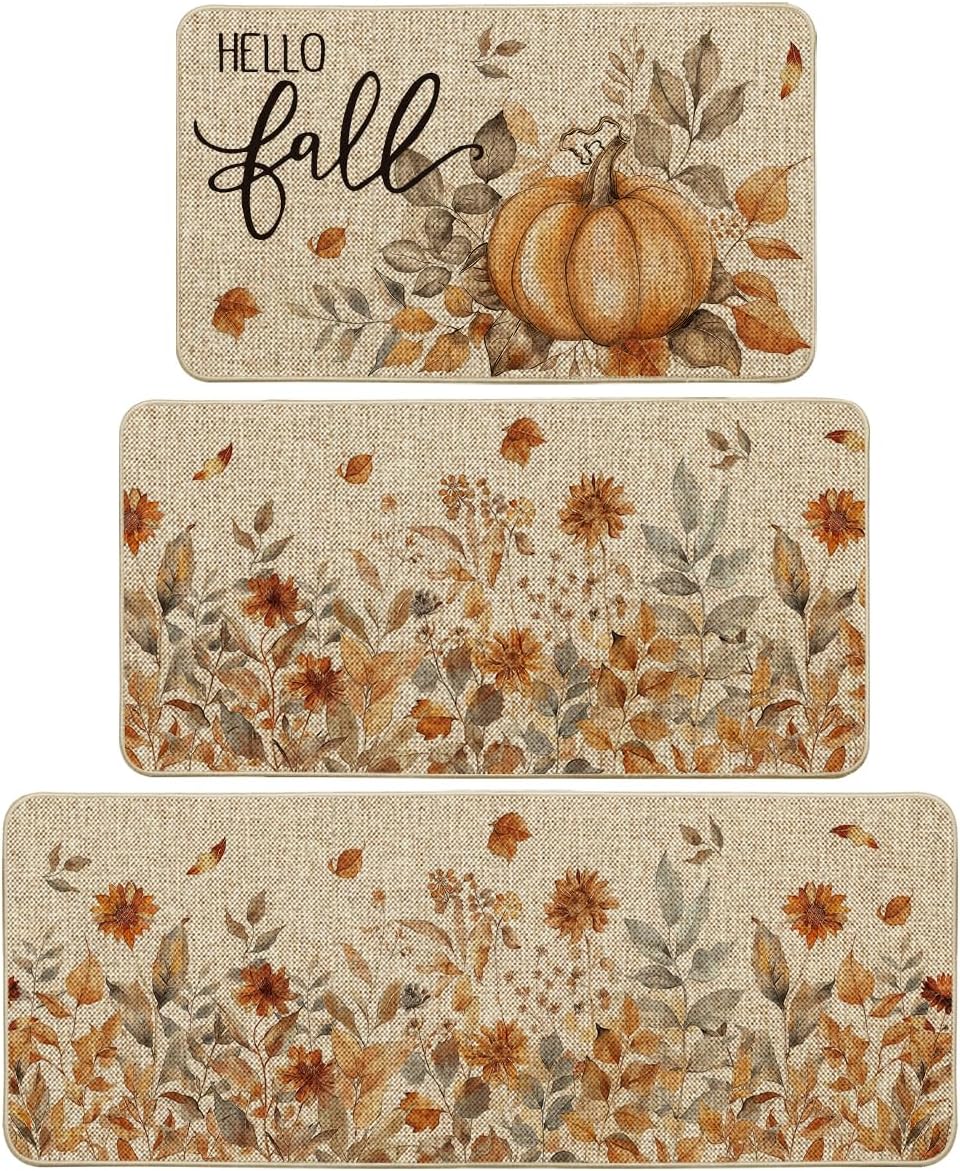 Pumpkin Sunflowers Hello Fall Kitchen Mats Set of 3 for Decor