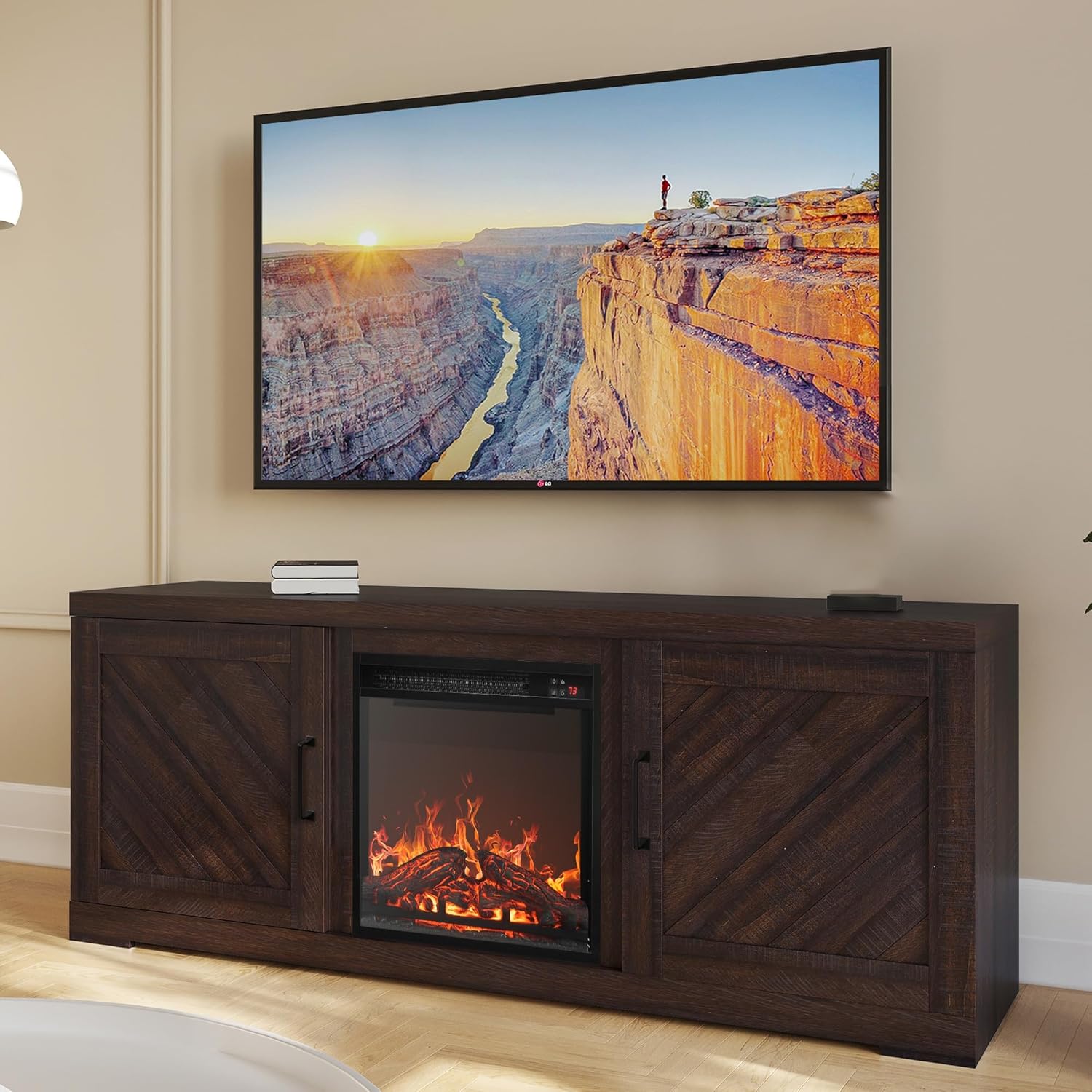 BELLEZE 58 Farmhouse TV Stand with Electric Fireplace - Stylish Storage Console