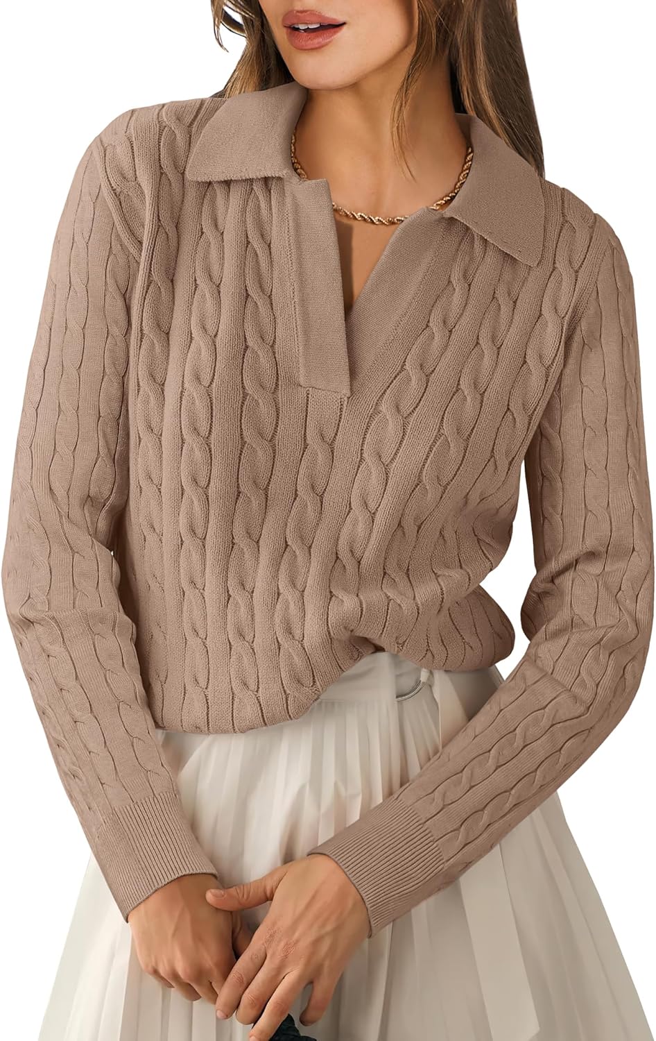 Womens Cable Knit Sweaters Long Sleeve V Neck Casual Tops
