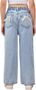 Girls High Waist Bow Print Wide Leg Denim Pants - Casual Fit