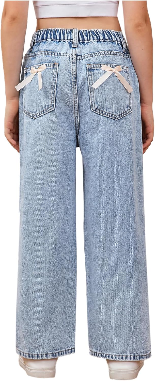 WDIRARA Girl's Bow Print High Waist Denim Pants for Stylish Look