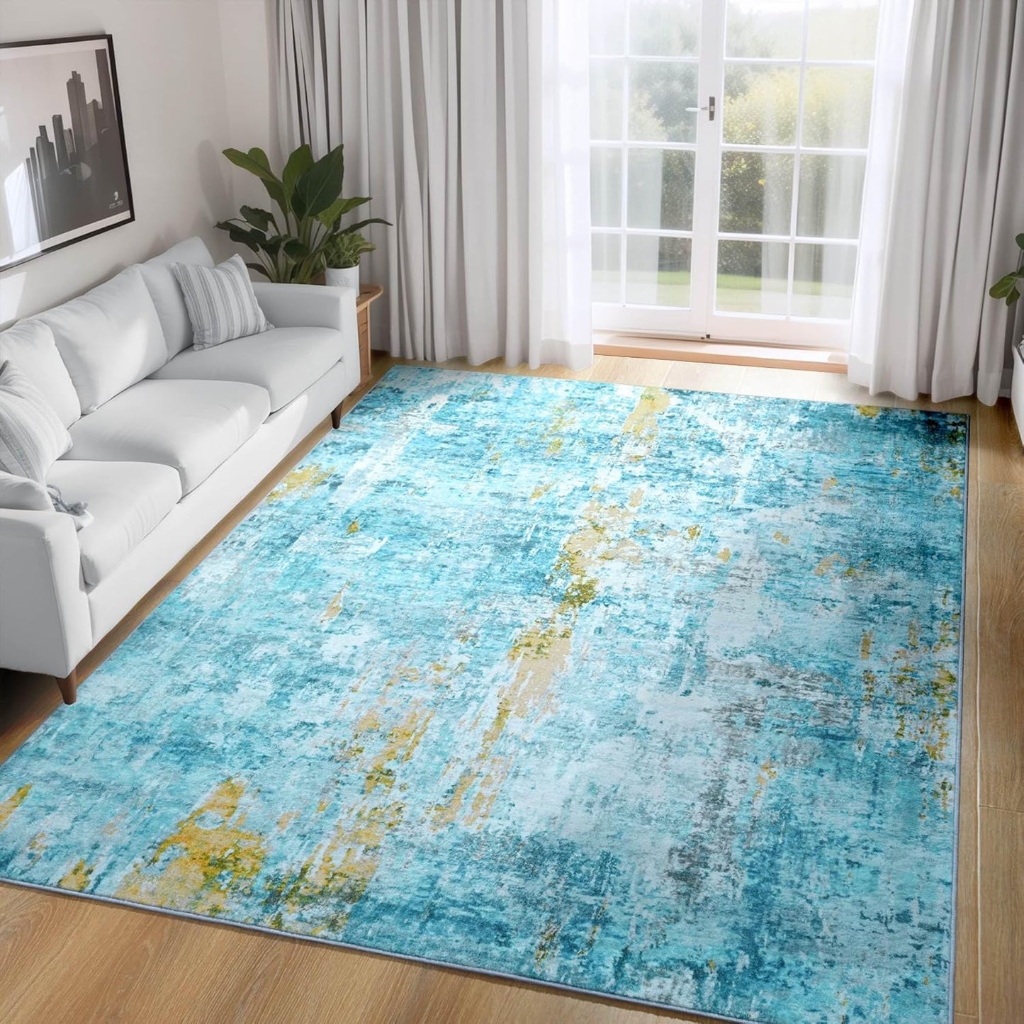 Ompaa 5x7 Teal Blue Area Rug - Machine Washable Boho Style