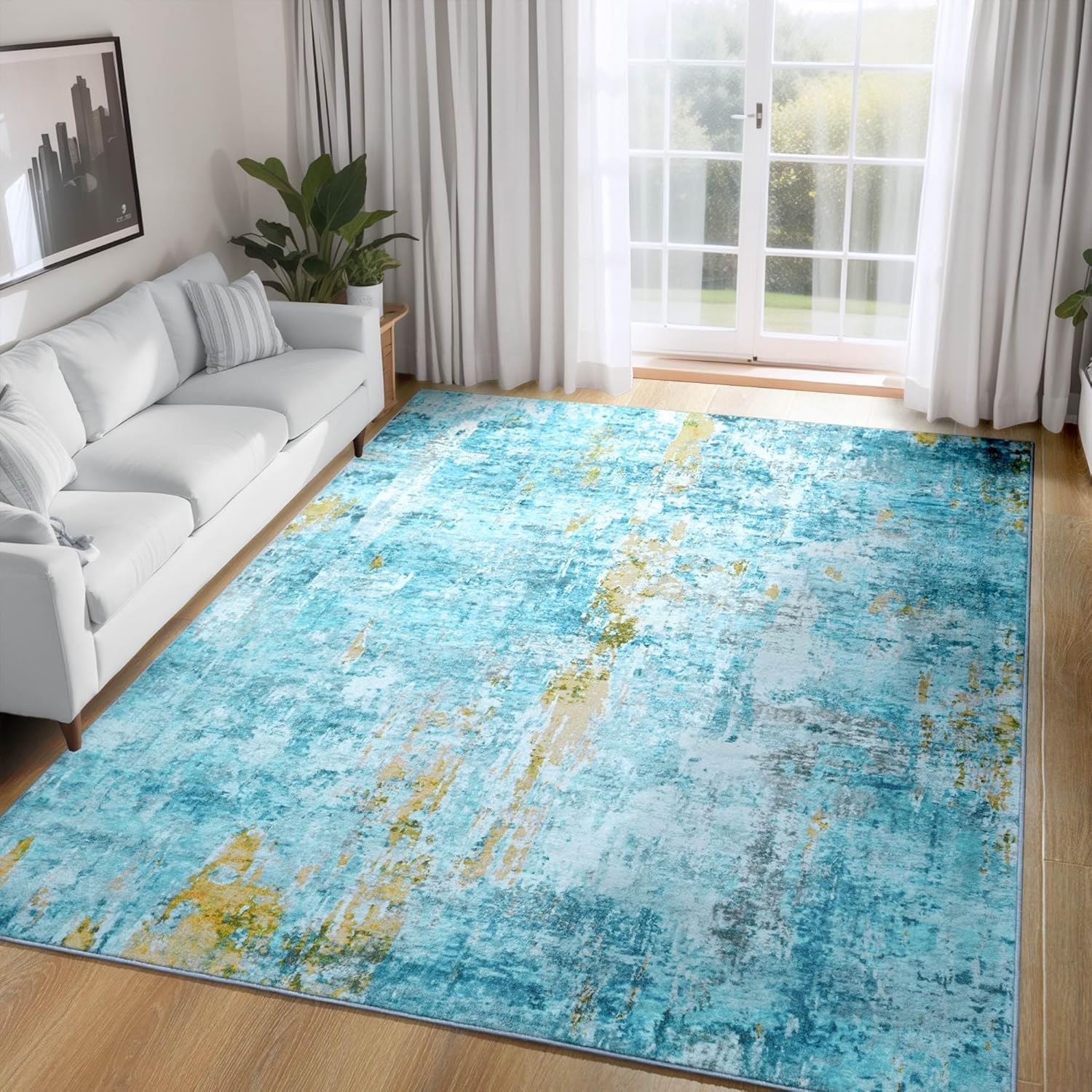 Ompaa 5x7 Teal Blue Area Rug - Machine Washable Boho Style