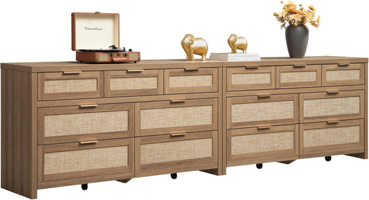 SICOTAS 7 Drawer Dresser for Bedroom Set with Rattan Design