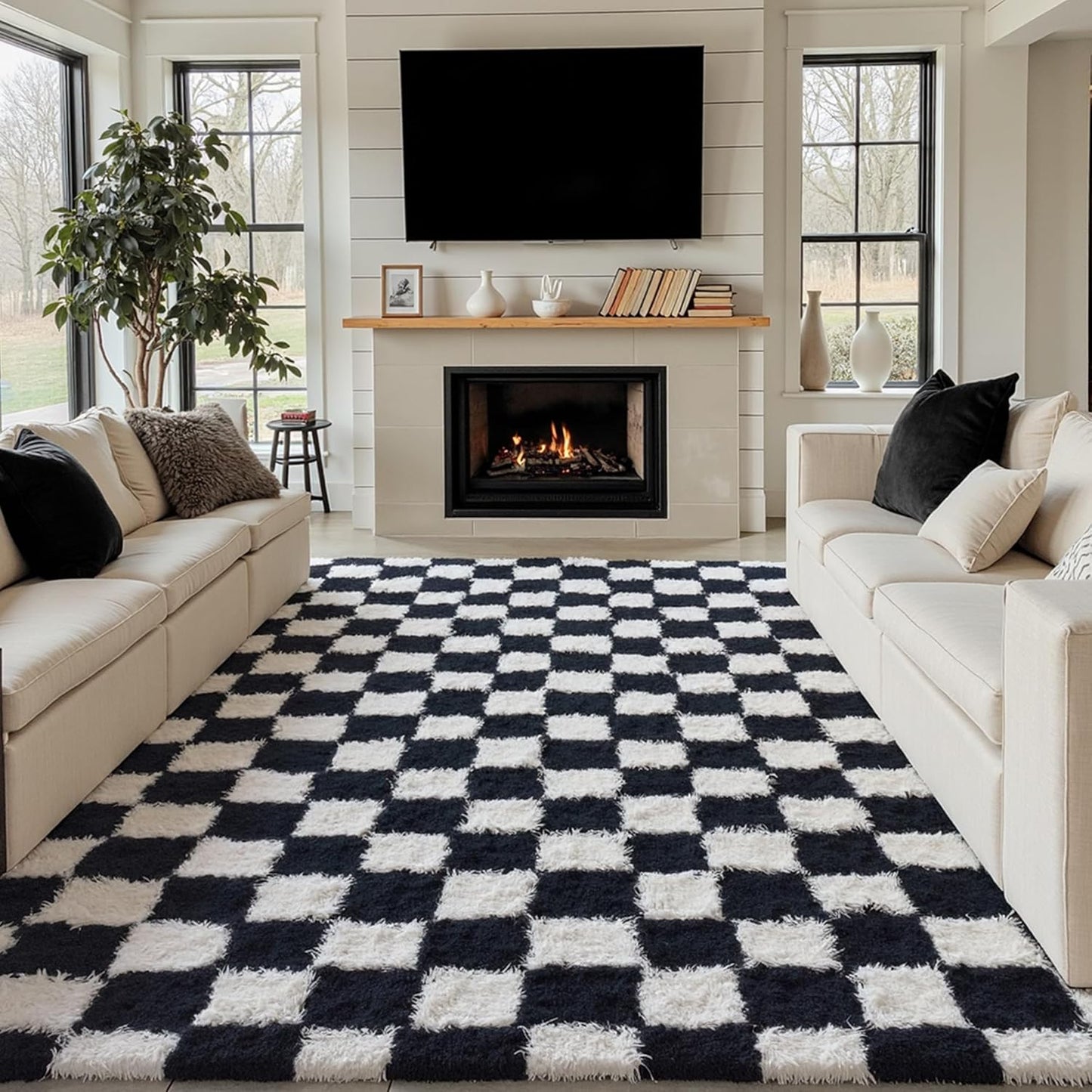 Checkered Rug 9x12 for Living Room, Soft Washable Fluffy Carpet