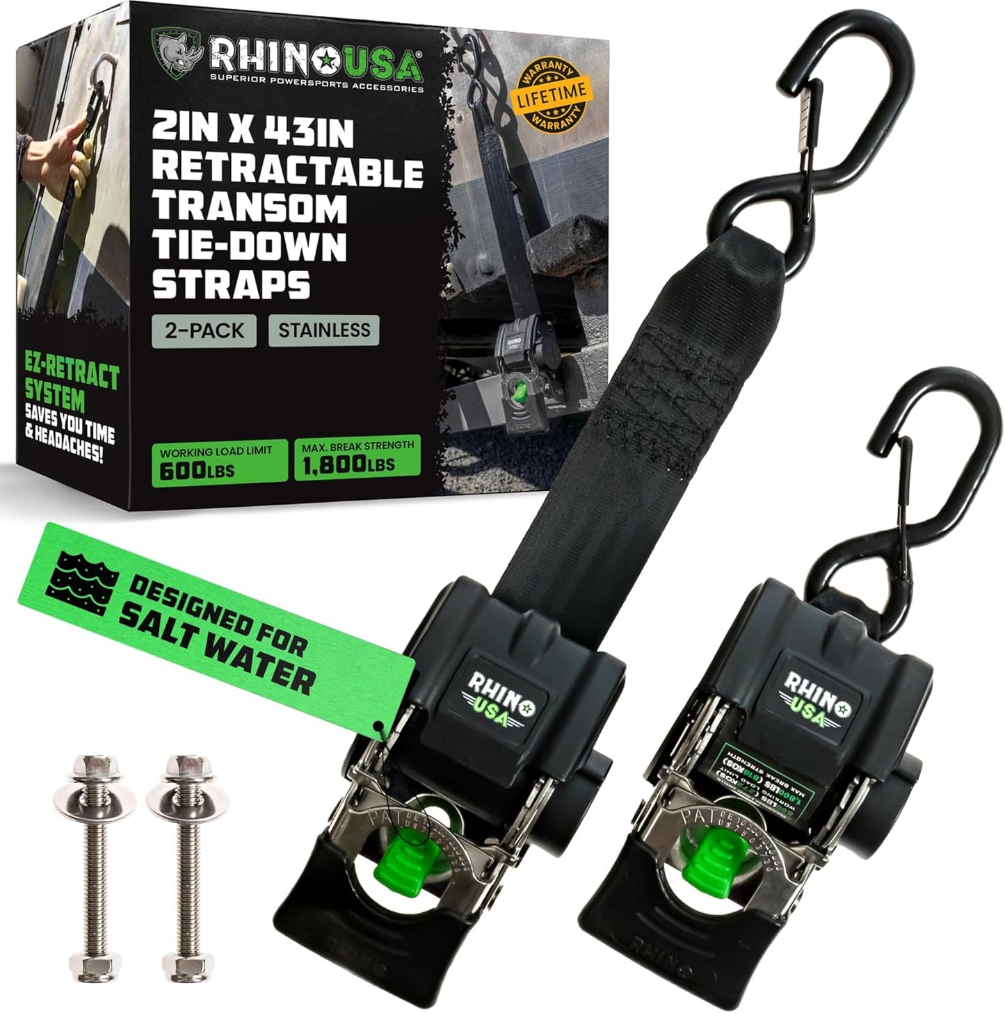 Rhino USA Retractable Boat Trailer Tie Down Straps for Durability
