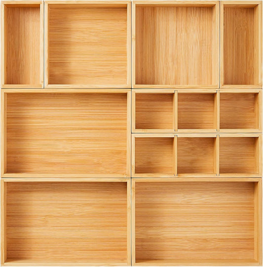 Fabsome Bamboo Drawer Organizer Set of 9 for Kitchen and Office