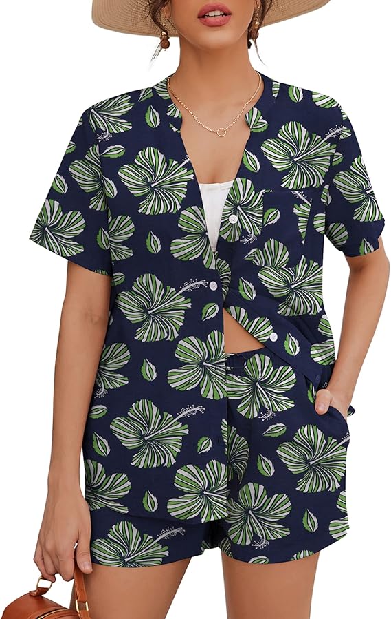 Ekouaer Women's Loose Button Down Printed Beach 2 Piece Set