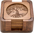 Walnut Wood Square Coasters Set of 4 with Holder - Durable Table