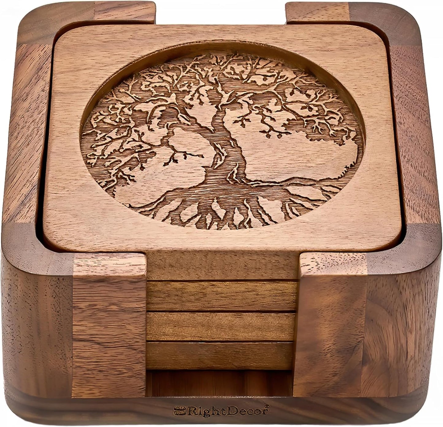 Walnut Wood Square Coasters Set of 4 with Holder for Drinks