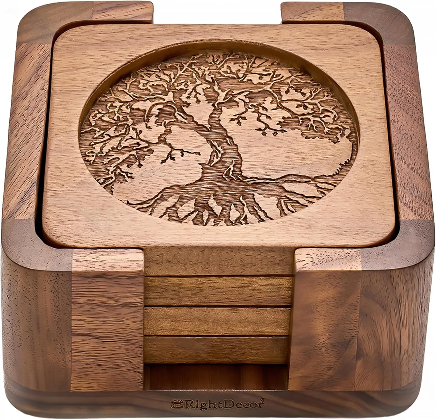 Walnut Wood Square Coasters Set of 4 with Holder for Drinks
