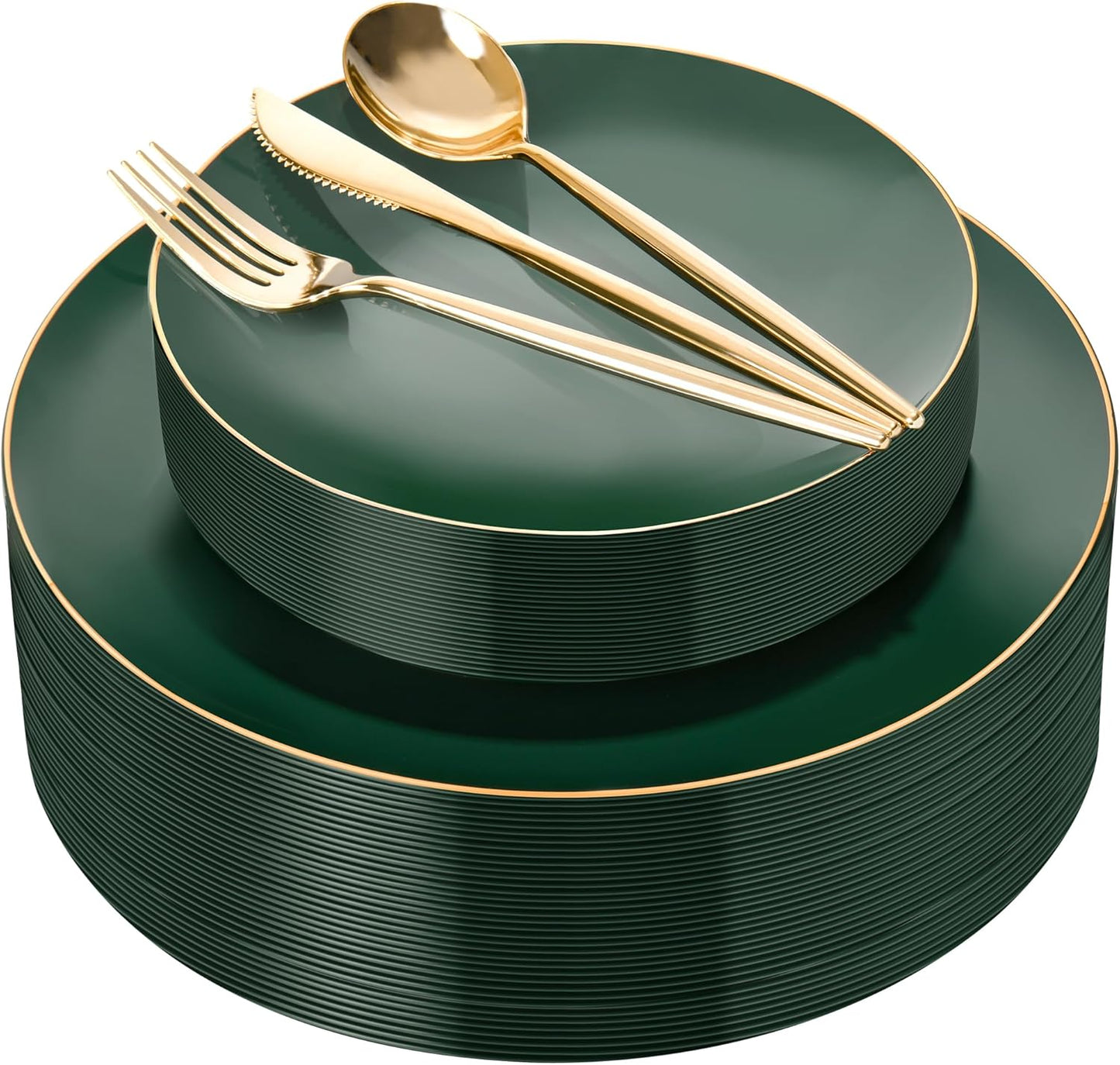 150Pcs Green Plastic Plates with Gold Rim for Elegant Parties
