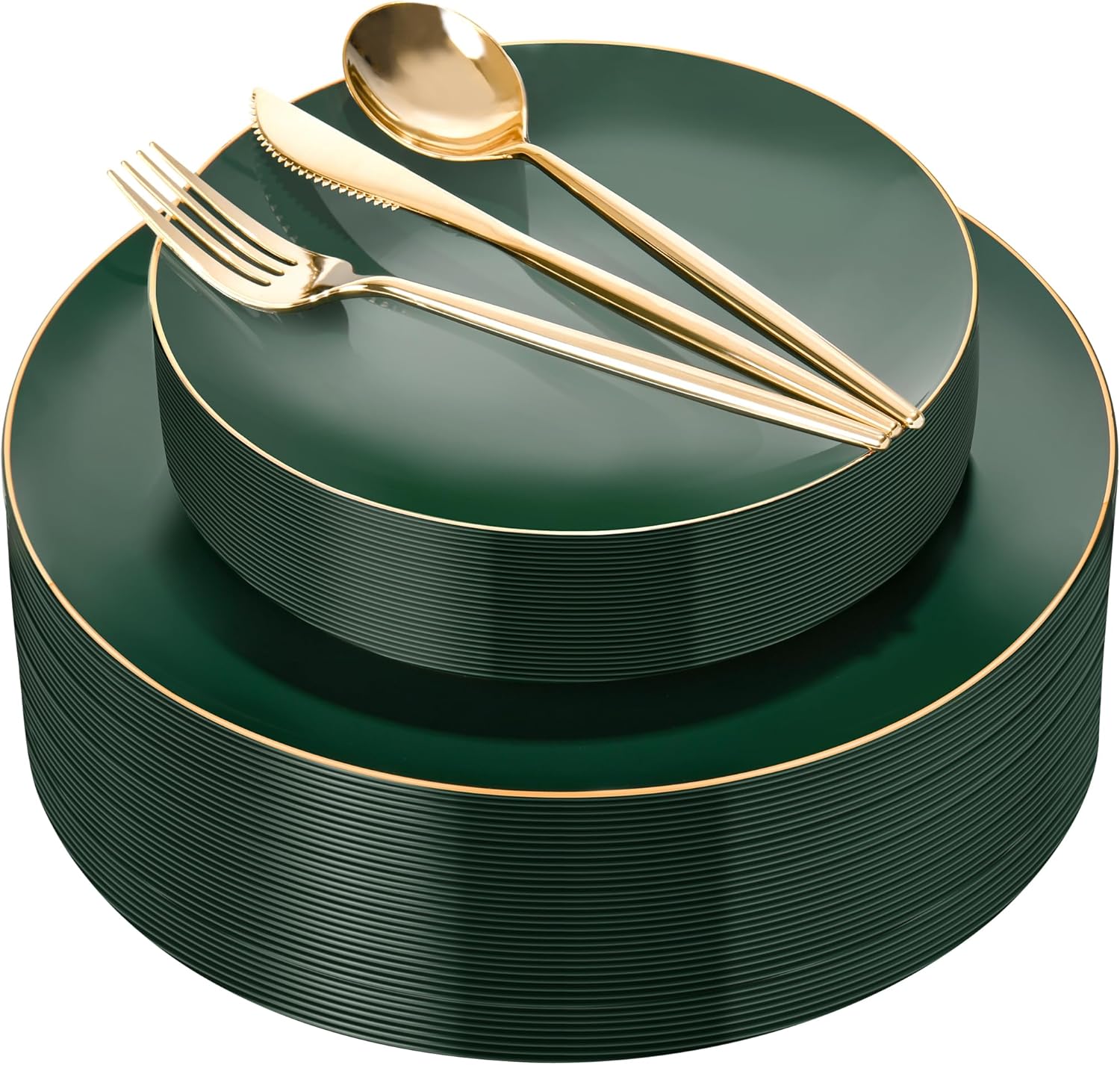 150Pcs Green Plastic Plates with Gold Rim for Elegant Parties