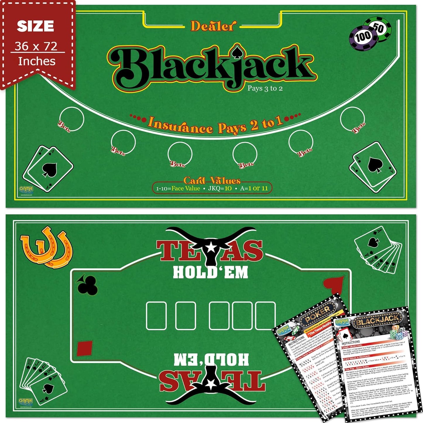 Gamie Double Sided Felt Casino Mat for Poker & Blackjack