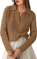 Womens Cable Knit V Neck Sweater Tops - Cozy Fall Pullover