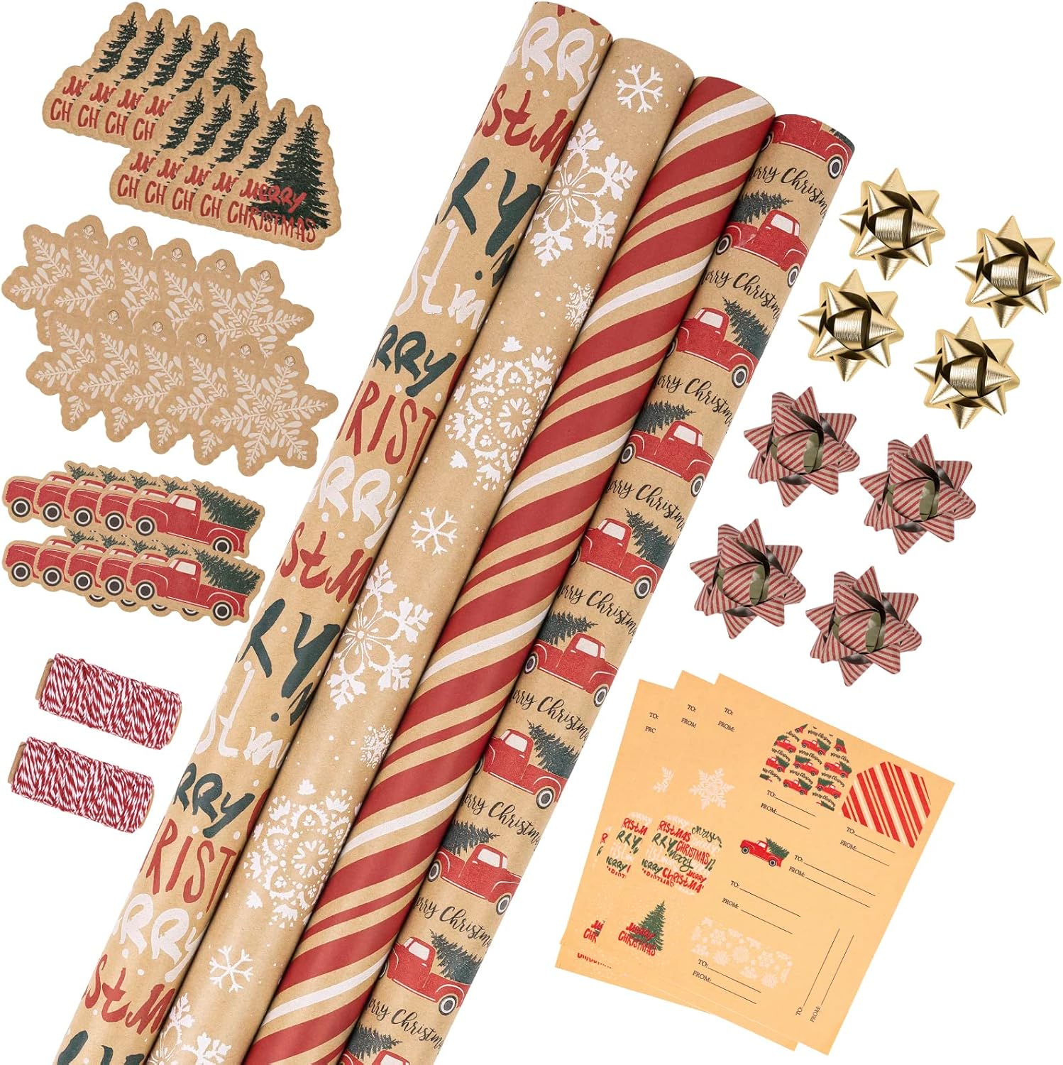 RUSPEPA Christmas Wrapping Paper Set with Gift Bows and Tags