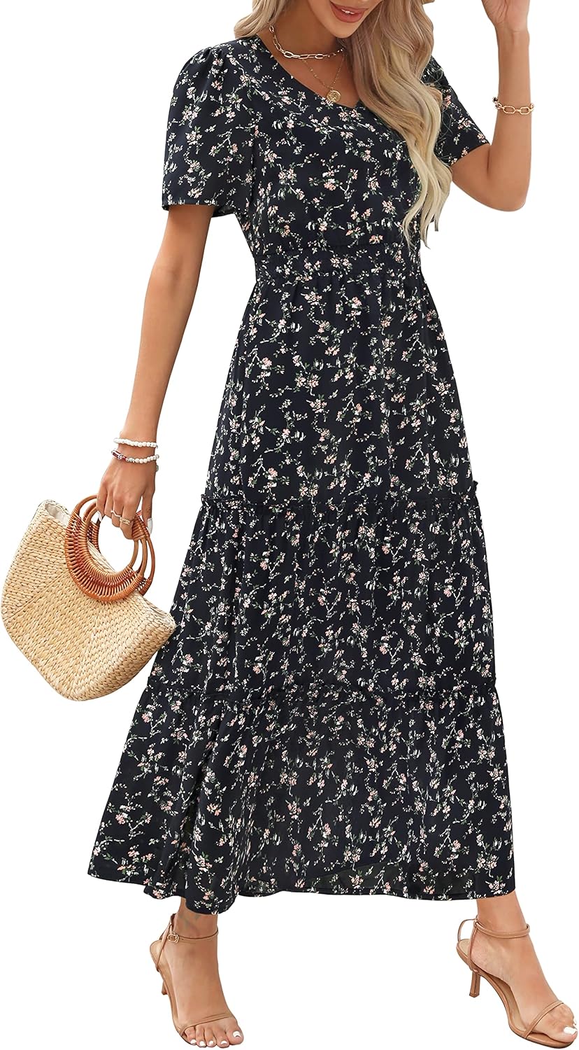 Zattcas Womens Long Summer Dress with Flutter Sleeves and V Neck