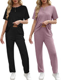 Ekouaer 2 Pack Ribbed Knit Lounge Set - Soft Short Sleeve Pajama Set