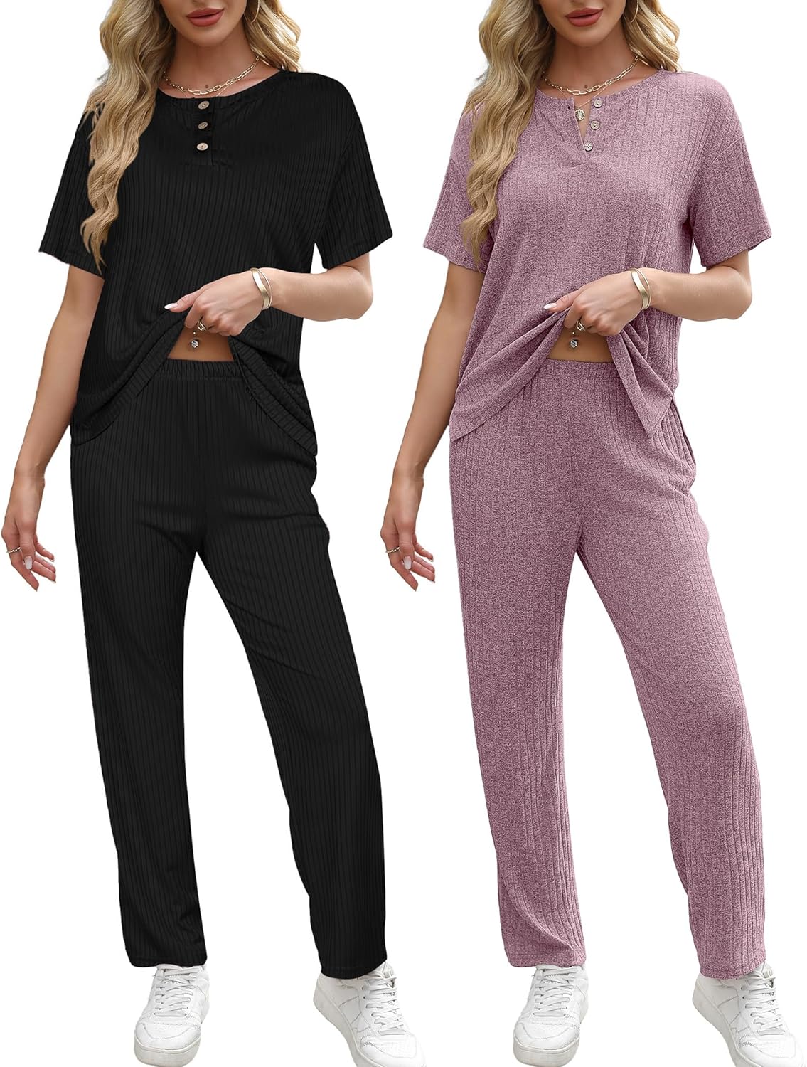Ekouaer 2 Pack Womens Ribbed Knit Lounge Set for Comfort