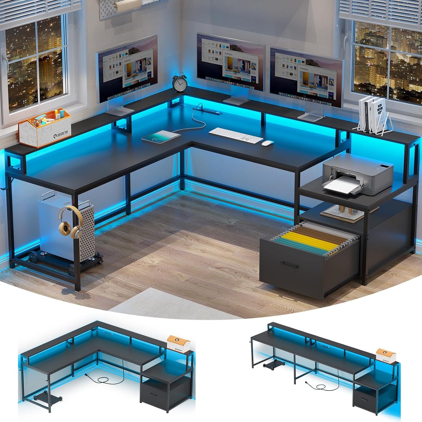 SEDETA L Shaped Gaming Desk with LED Lights and Storage Options
