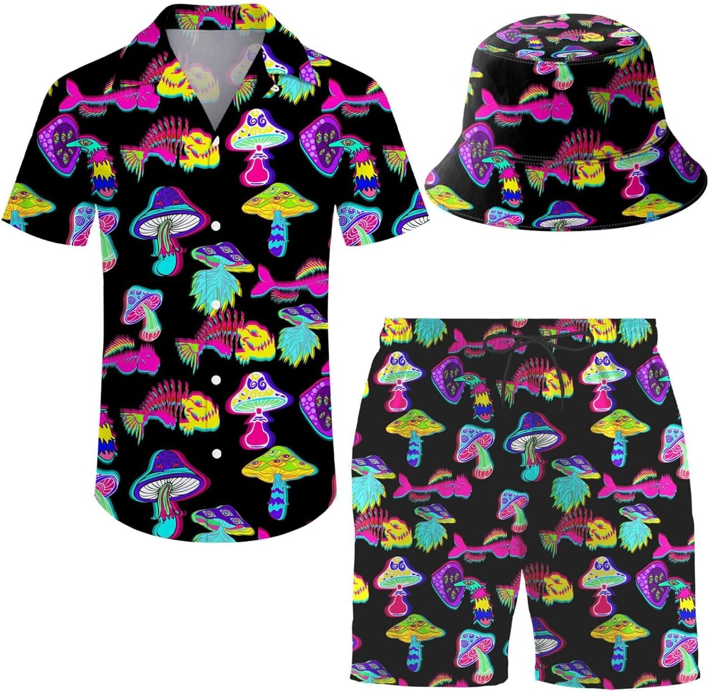 Men's Hawaiian Shirt and Shorts Set with Bucket Hat for Summer