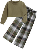 Girls Clothes Solid Long Sleeve Tops Plaid Wide Leg Pants - Two Piece