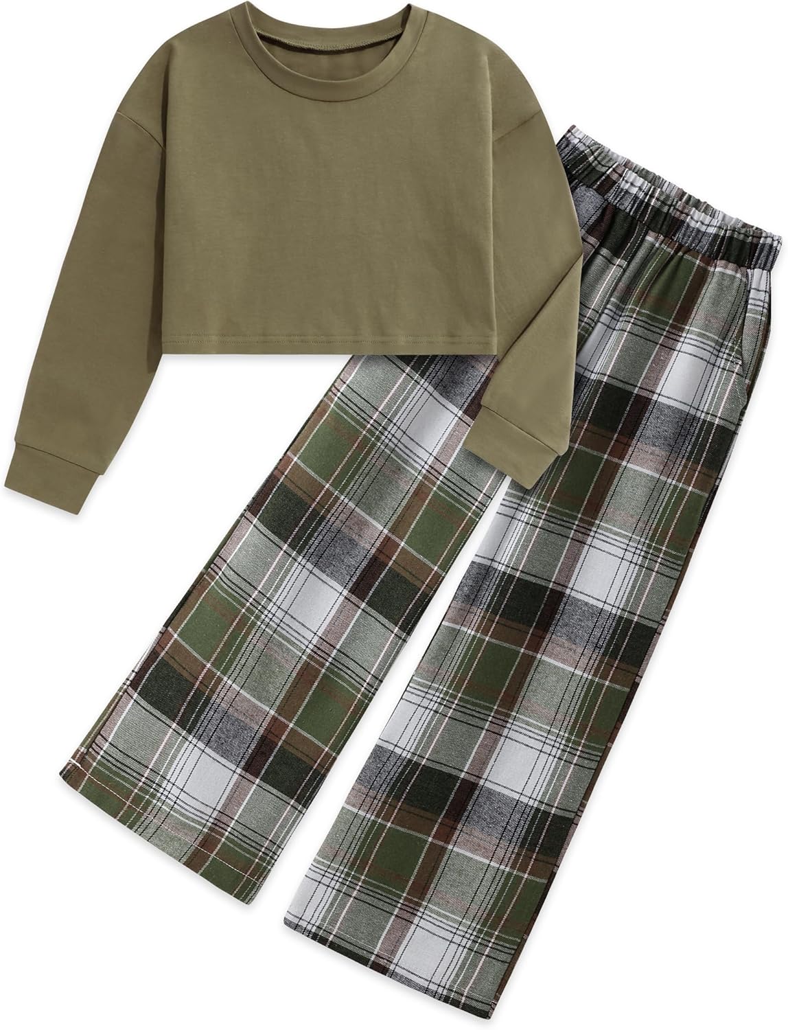 Girls Clothes Solid Long Sleeve Tops and Plaid Wide Leg Pants