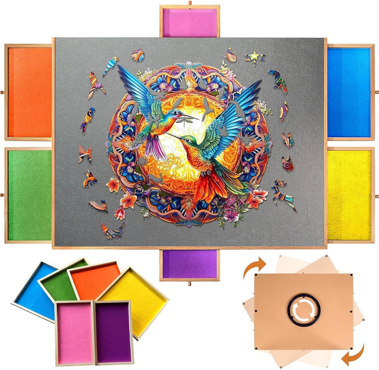 1500 Piece Rotating Wooden Puzzle Board with Drawers & Cover