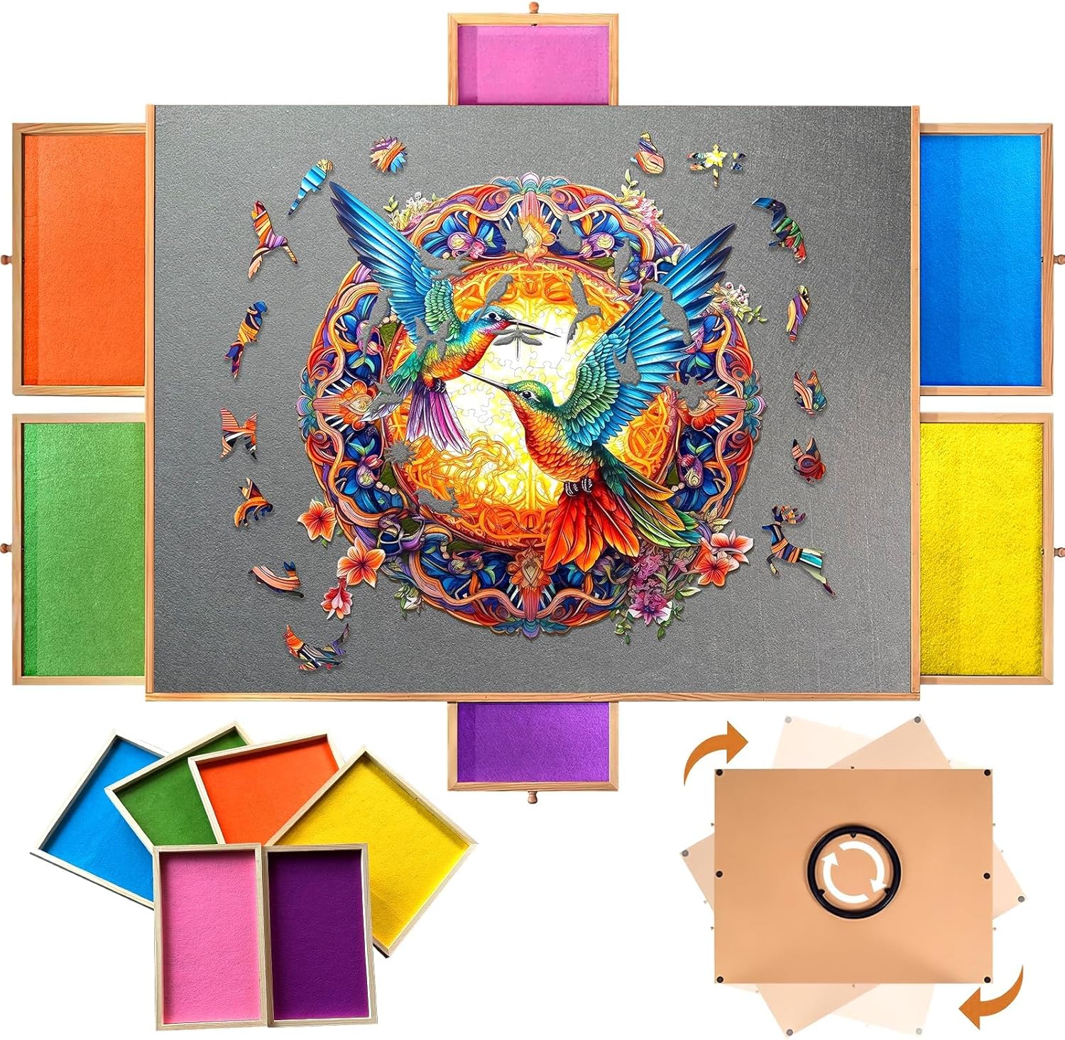 1500 Piece Rotating Wooden Puzzle Board with Drawers & Cover