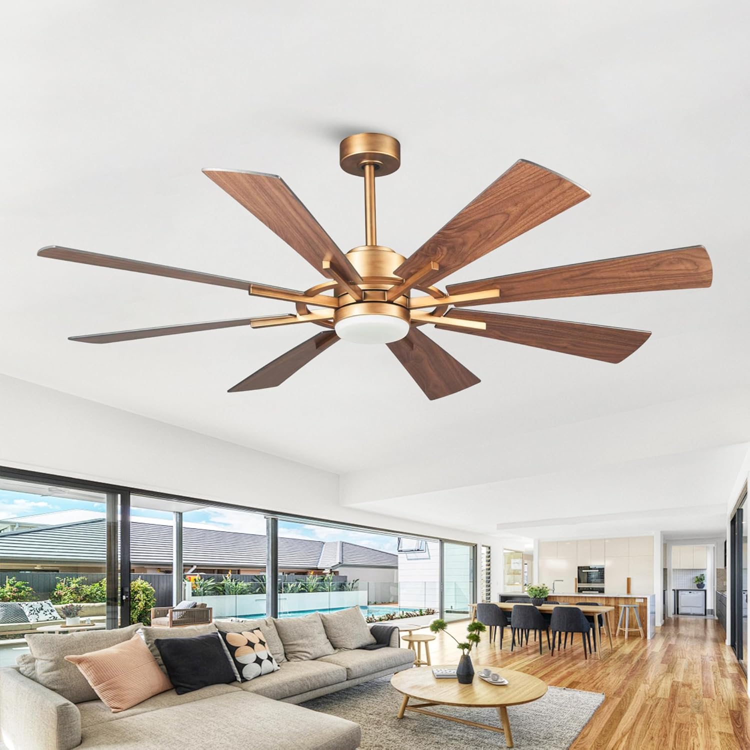 60 inch Gold Ceiling Fan with Lights and Remote for Large Spaces