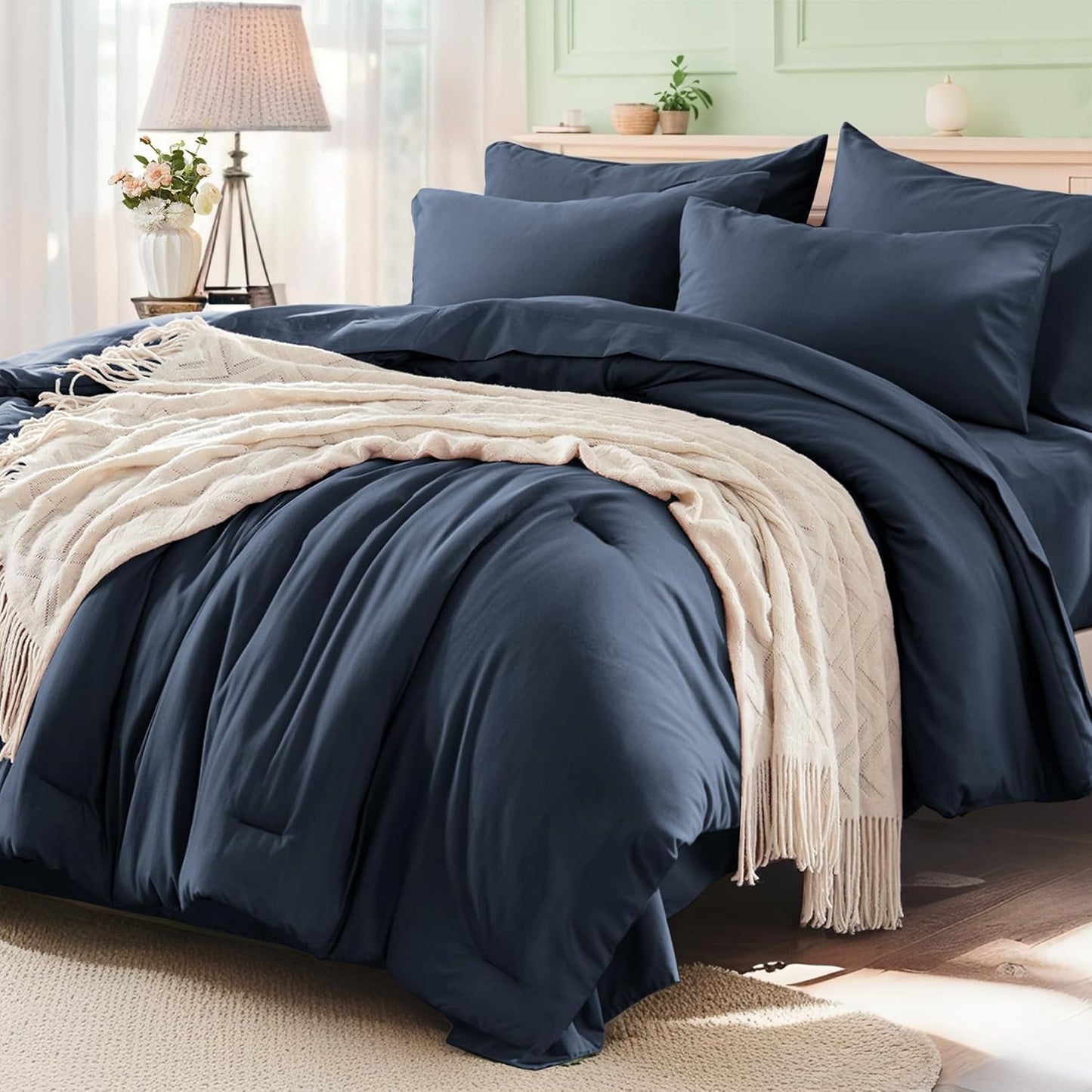 Navy Blue Queen Comforter Set 7 Pieces for All Season Comfort