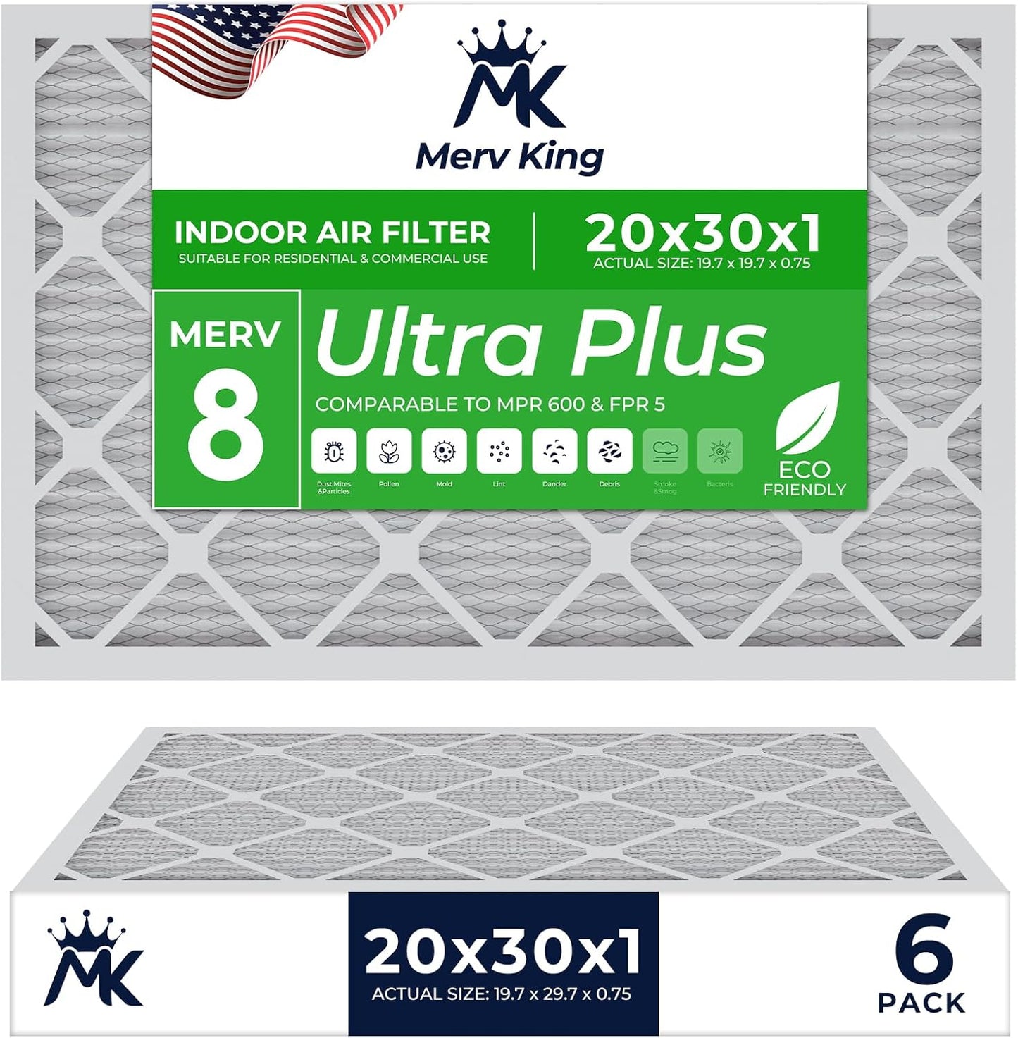 MervKing 20x30x1 Air Filter - MERV 8 for Clean Indoor Air