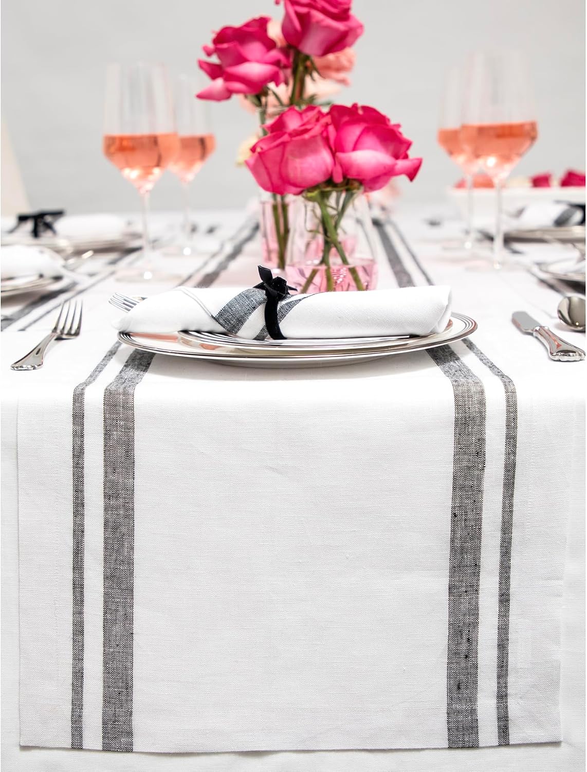 Elegant 100% Pure Linen Black and White Table Runner for Home