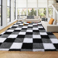 KICMOR 8x10 Checkered Shag Rug - Fluffy Black White Grey Carpet
