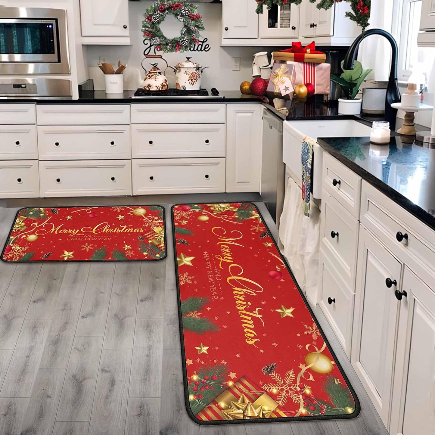Christmas Kitchen Rugs and Mats Set of 2 for Holiday Decor