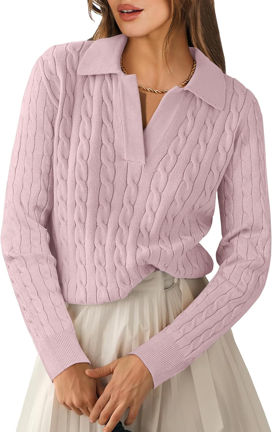 Womens Cable Knit Sweaters Long Sleeve V Neck Casual Tops