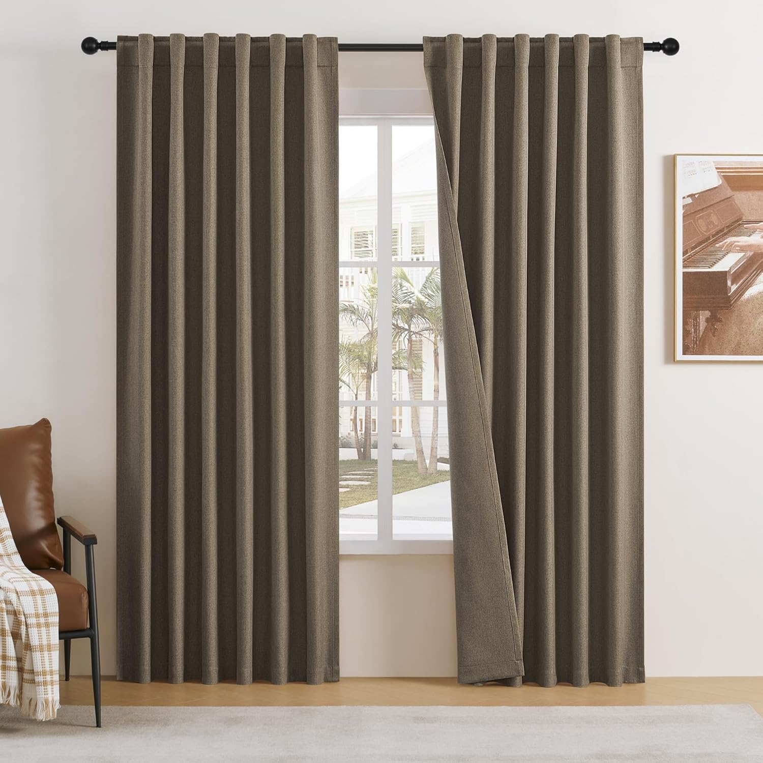 DUALIFE Brown Linen Curtains 90 Inches Long for Blackout Needs