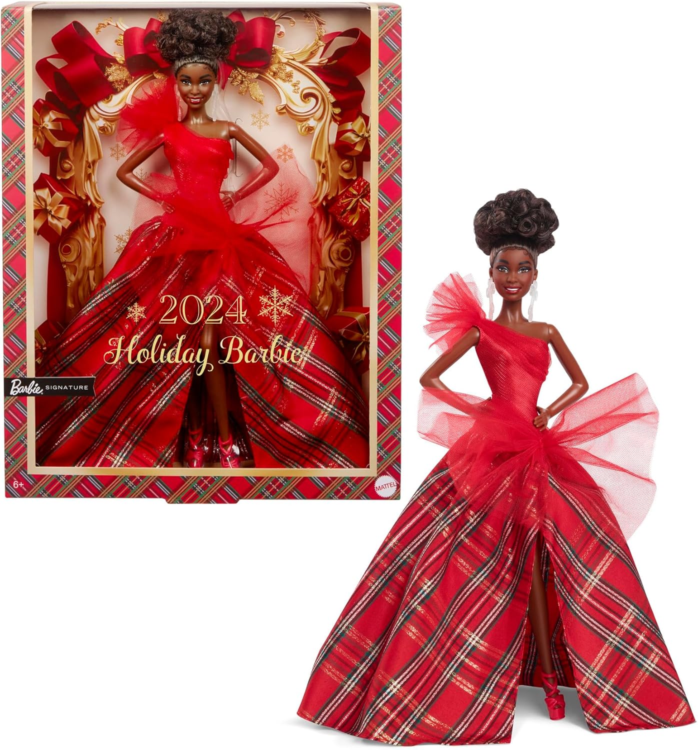 2024 Holiday Barbie Doll with Brown Hair in Stunning Plaid Gown