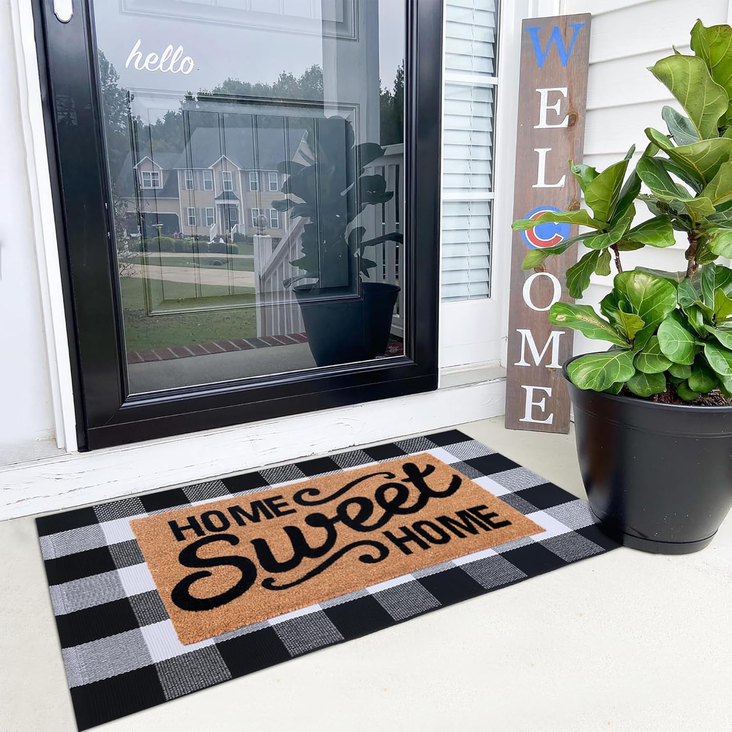 100% Coco Coir Welcome Mat and Buffalo Plaid Rug Combo Set