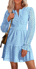 PRETTYGARDEN Women's Long Sleeve Eyelet V Neck Mini Dress - Elegant 20