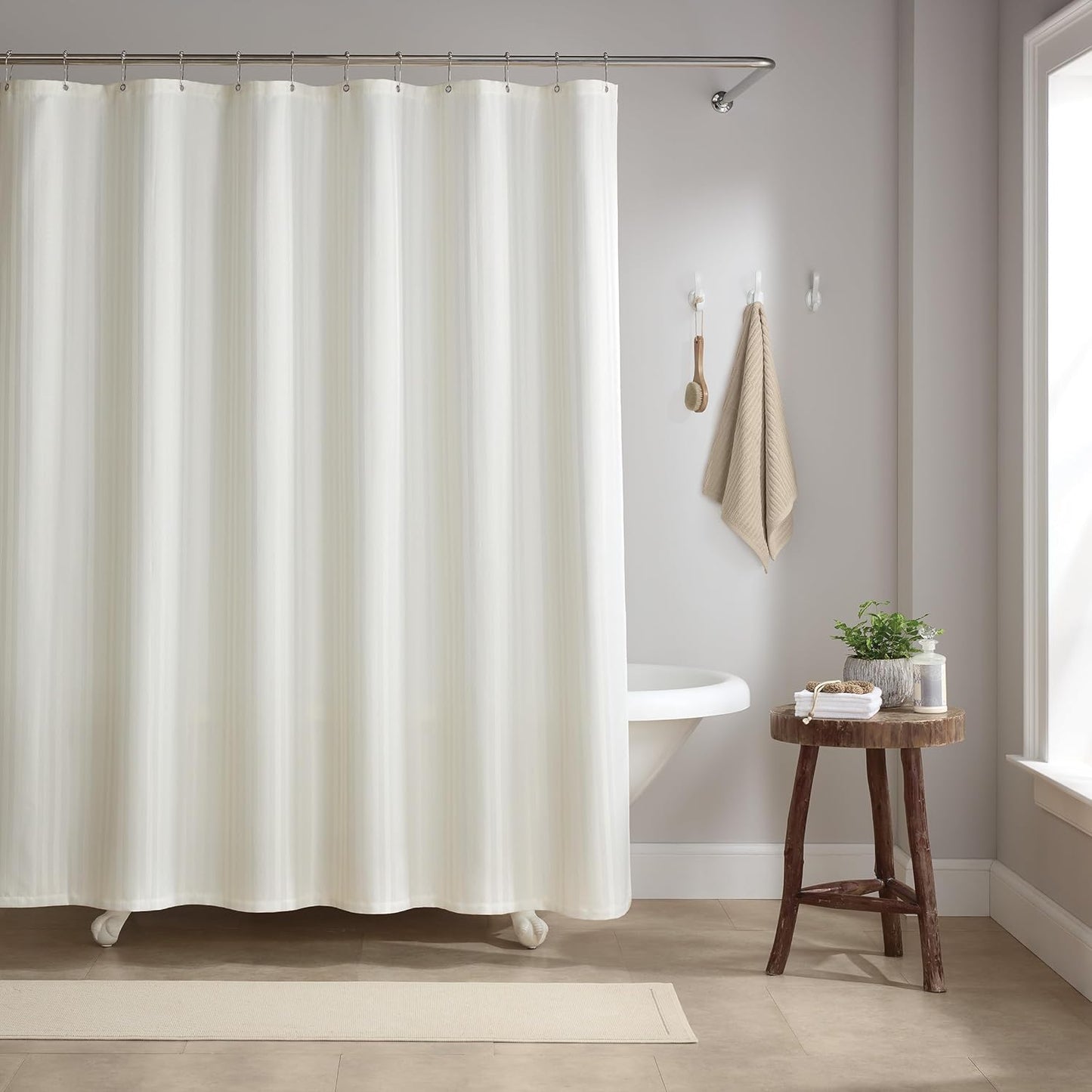 Stylish Damask Shower Curtain Set - Rust-Proof, Heavy Duty, Bright White
