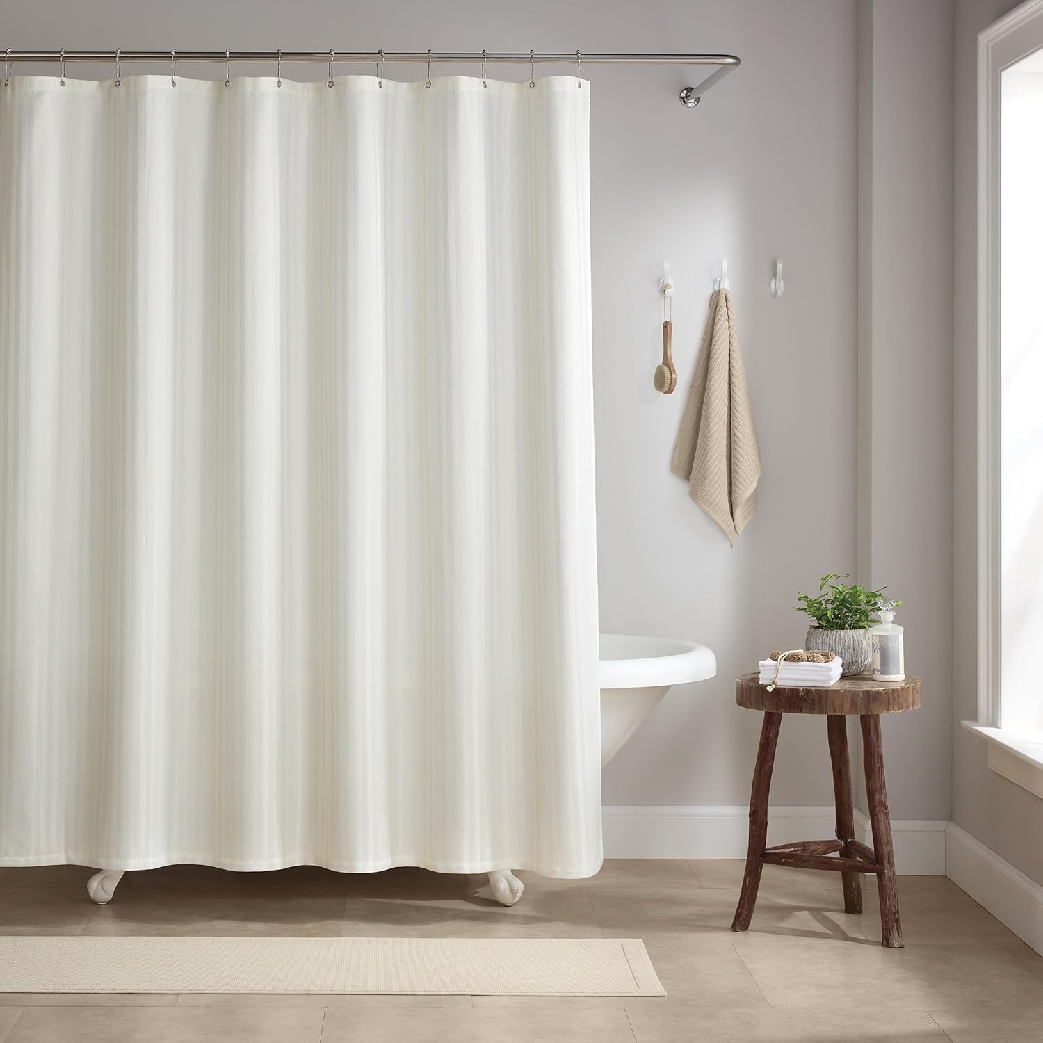 Stylish Damask Shower Curtain Set - Rust-Proof, Heavy Duty, Bright White