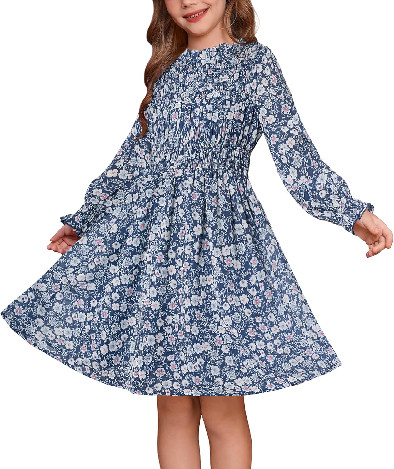 Girls' Fall Long Sleeve Floral Dress for Special Occasions