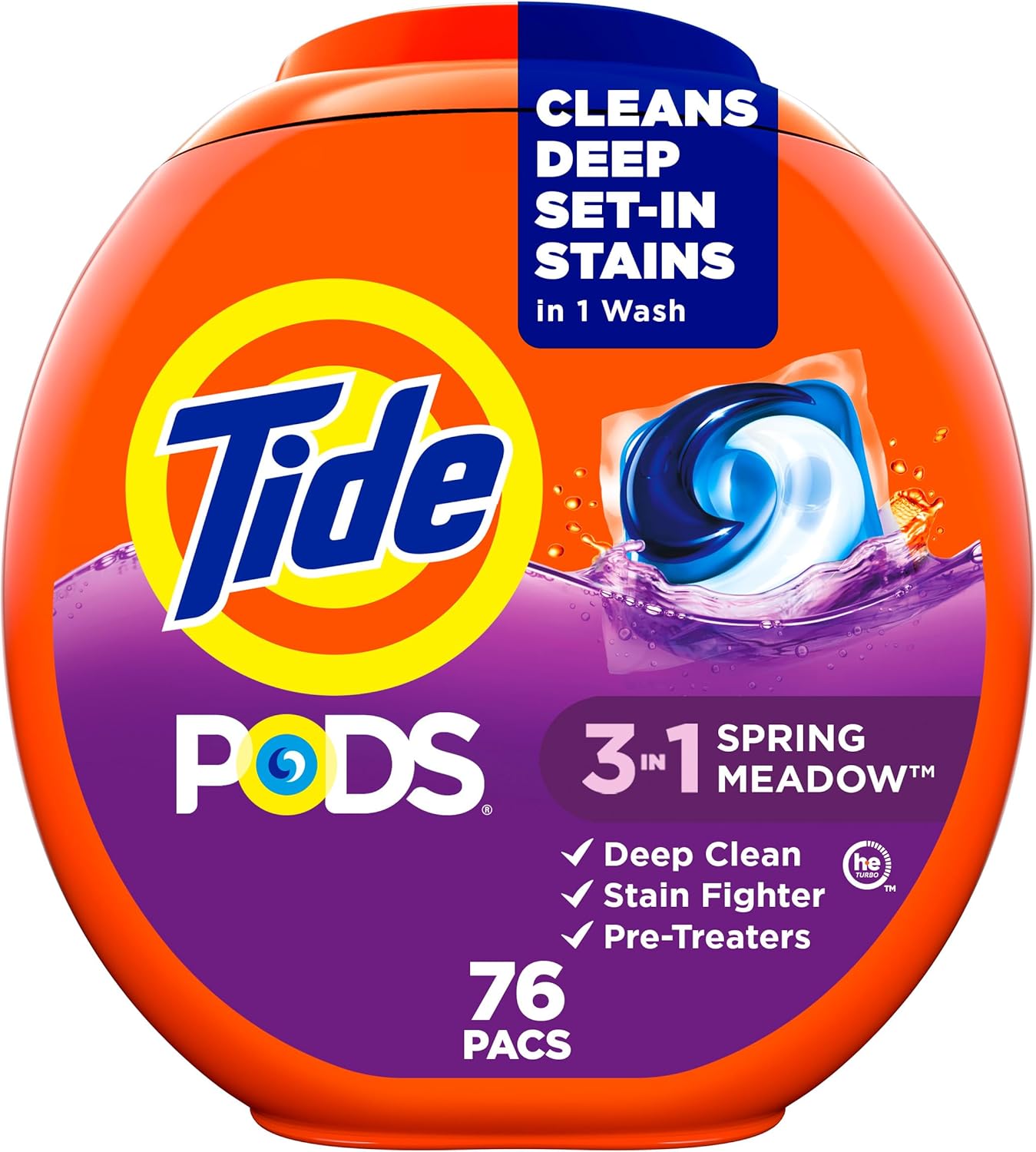 Tide PODS 3-in-1 Liquid Detergent, Spring Meadow Scent, 76 Pacs