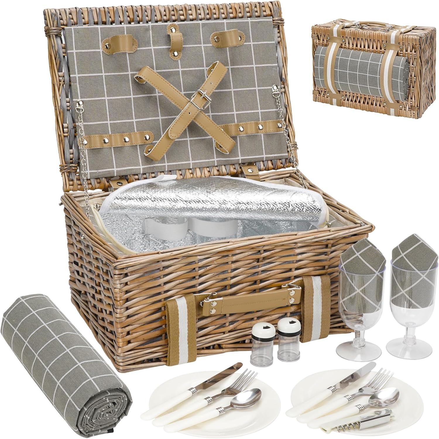 Wicker Picnic Basket for 2 with Waterproof Blanket and Cooler
