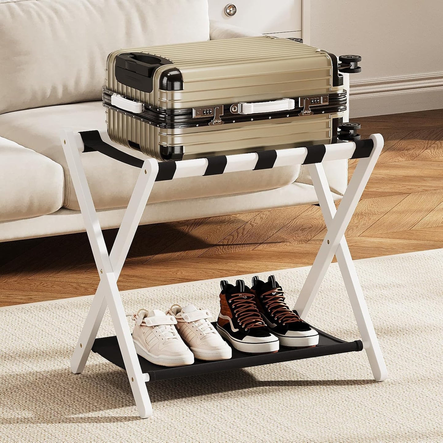 Bamboo Luggage Rack with Storage Shelf for Guest Room Use