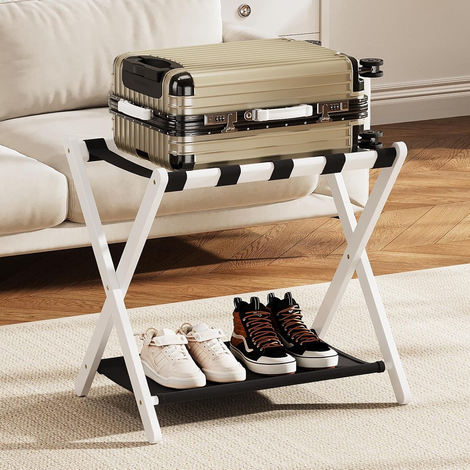 Bamboo Luggage Rack with Storage Shelf for Guest Room Use