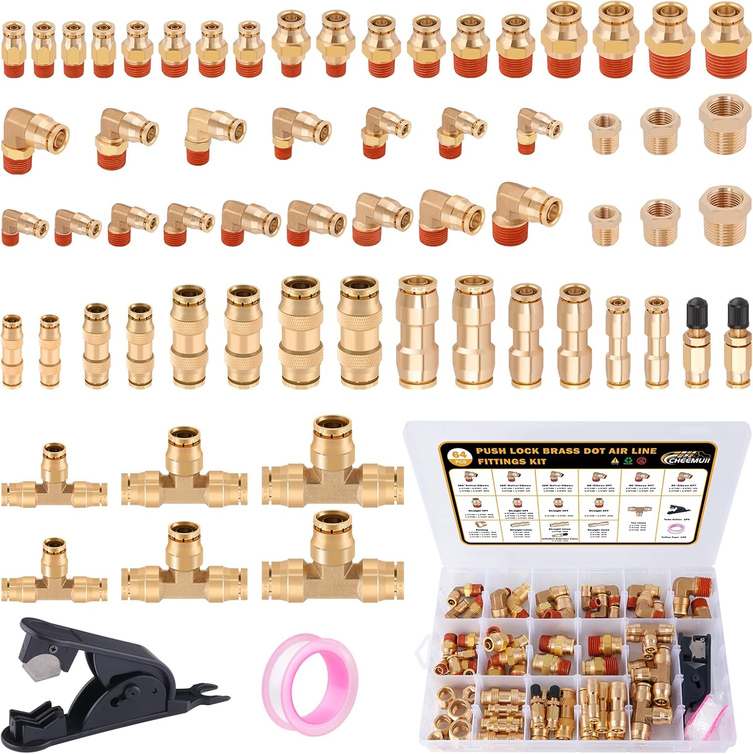 CheeMuii 64 Pcs Brass DOT Air Line Fittings Kit for Pneumatic Use