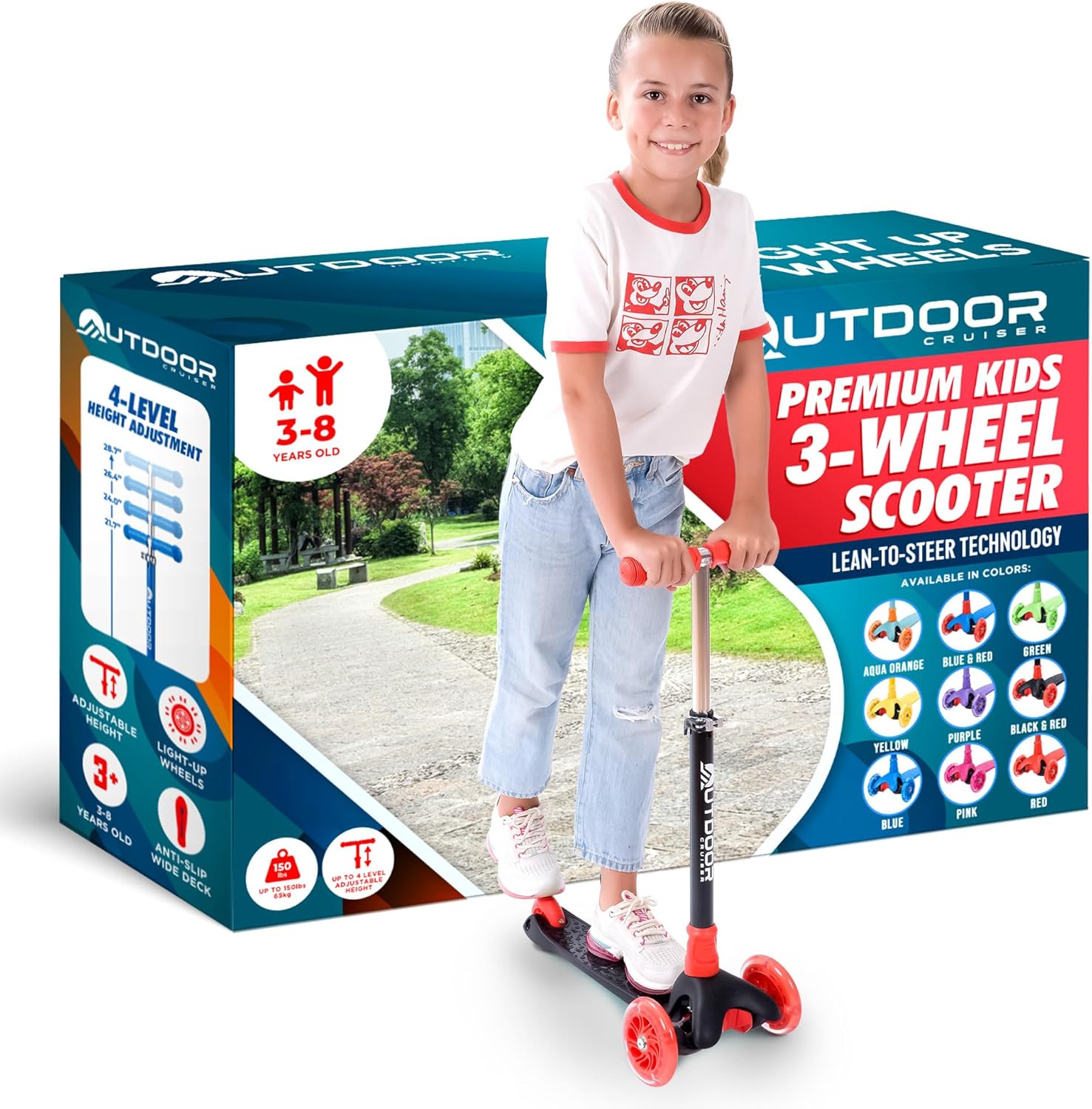 Outdoor Cruiser 3-Wheel Kids Scooter with Lean-to-Steer Tech